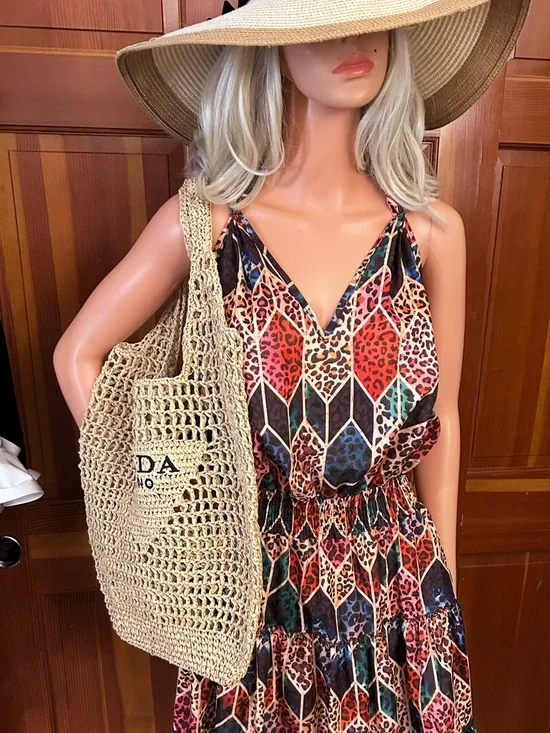 Prada Logo Cream/Black Woven Raffia Beach Bag - Picture 15 of 15